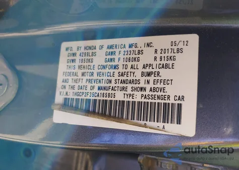 2012 Honda Accord 2.4 Lx from USA, damaged, VIN 1HGCP2F35CA165905